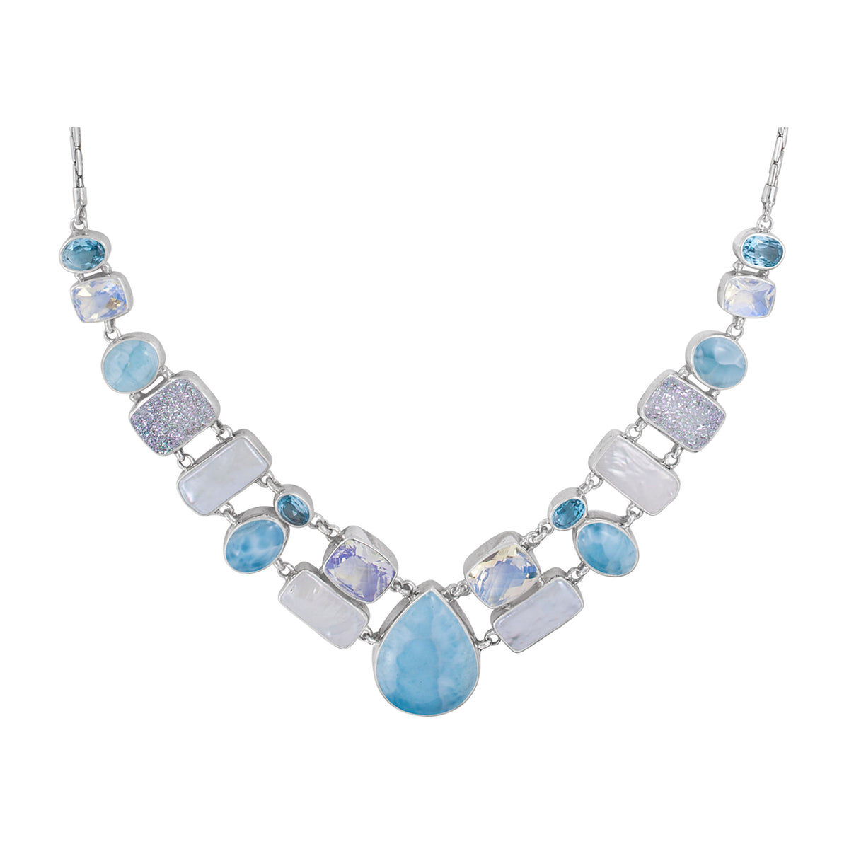 Sterling Silver Necklace With  Larimar, Pearl, Blue Topaz Facet, Druzy Opal And RainbowmoonBOW MOONSTONE RECTANGLE CUSHION