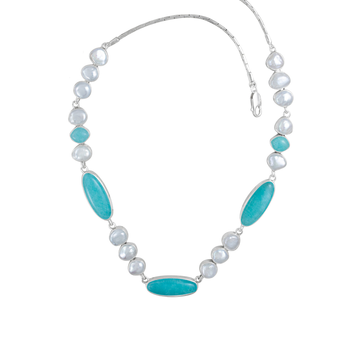Sterling Silver Necklace With Amozonite Oval, Pearl