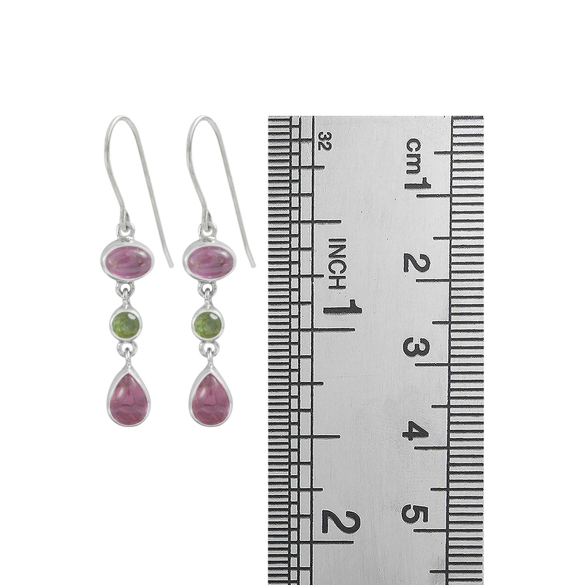 Sterling Silver Earring With Green Tourmaline Round Facet, Pink Tourmaline Oval &amp; Pear Cab