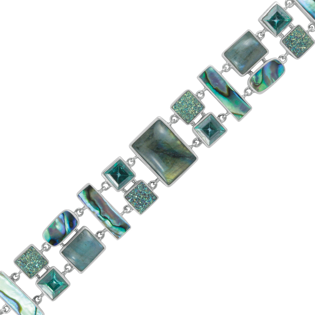 Sterling Silver Bracelet With Labradorite Rectangle, Druzy, Green Quart, Paua