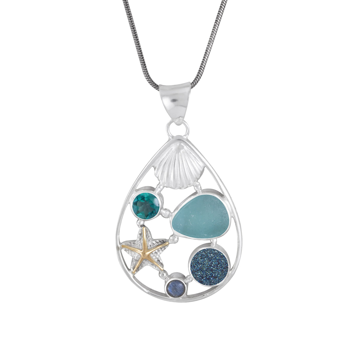 Stunning Sealife pendant with blue Topaz and pearl - truly unique