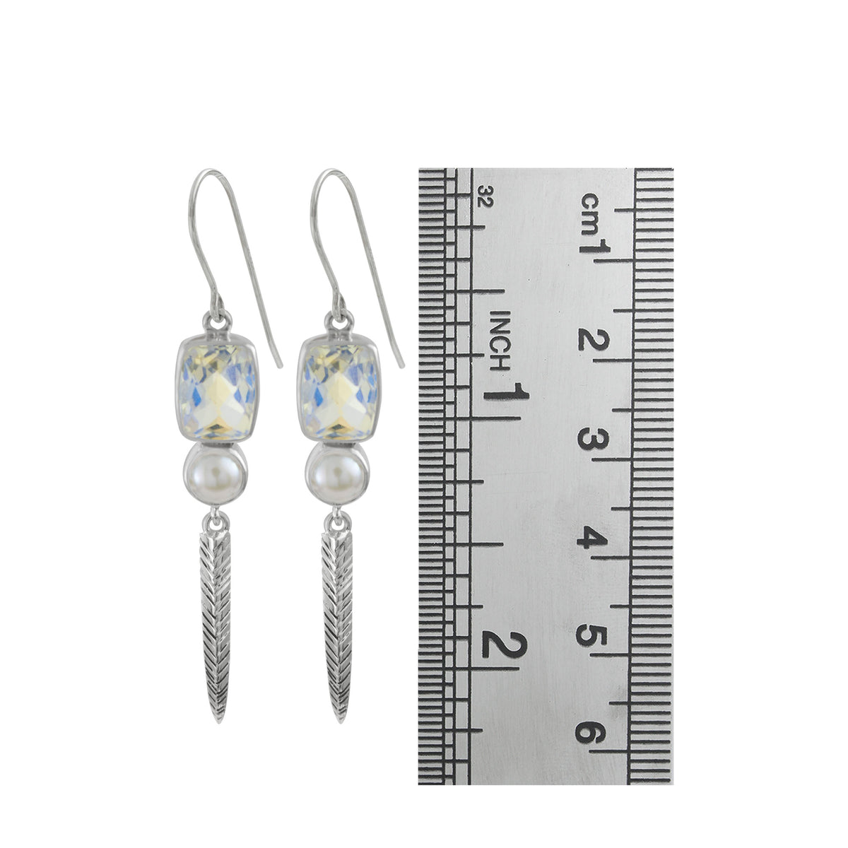 Sterling Silver Earring With Rainbowmoon Quarzt Rectangle, Pearl Round