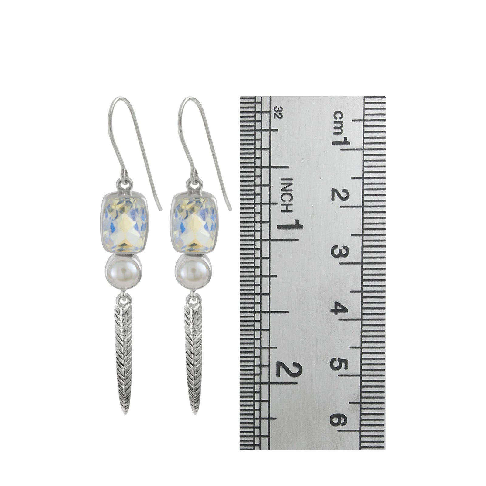 Sterling Silver Earring With Rainbowmoon Quarzt Rectangle, Pearl Round