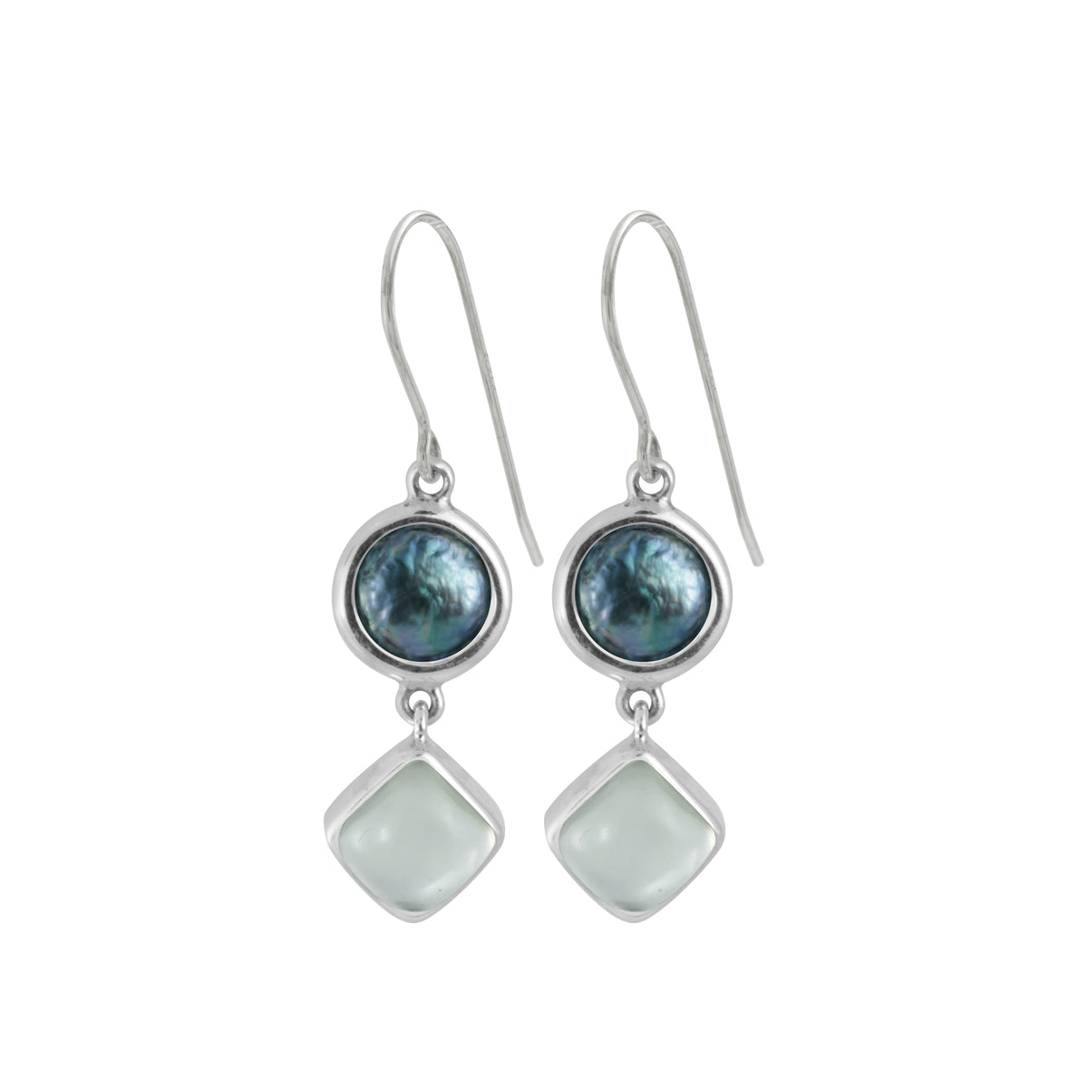 Sterling Silver Earring With Pearl Teal Coin, Green Moon Stone Square