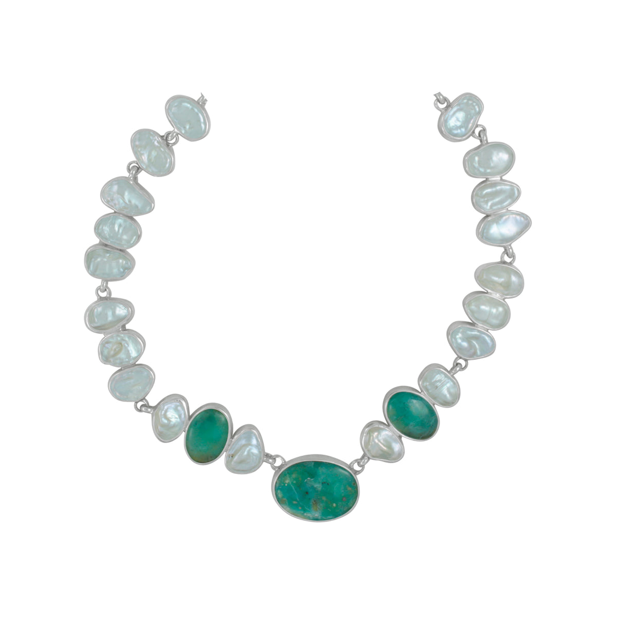 Sterling Silver Necklace With Peruvian Opal Oval, Pearl Keishi