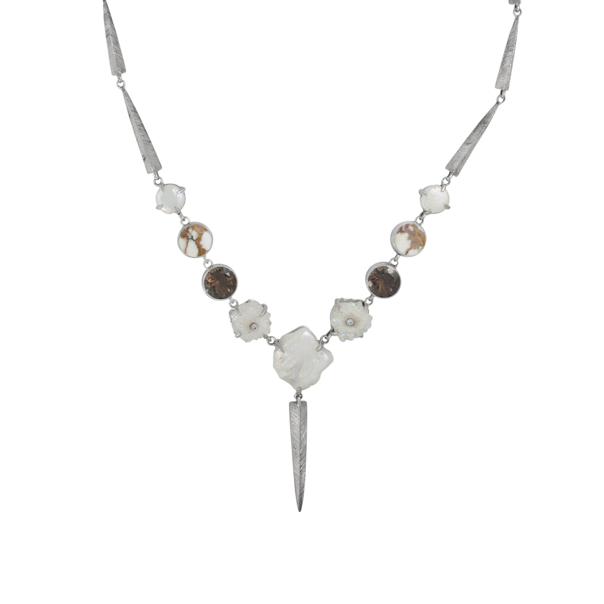 Sterling Silver Necklace With Pearls, Druzy Opal Geoge, Smokey Round, Iron Stone Round