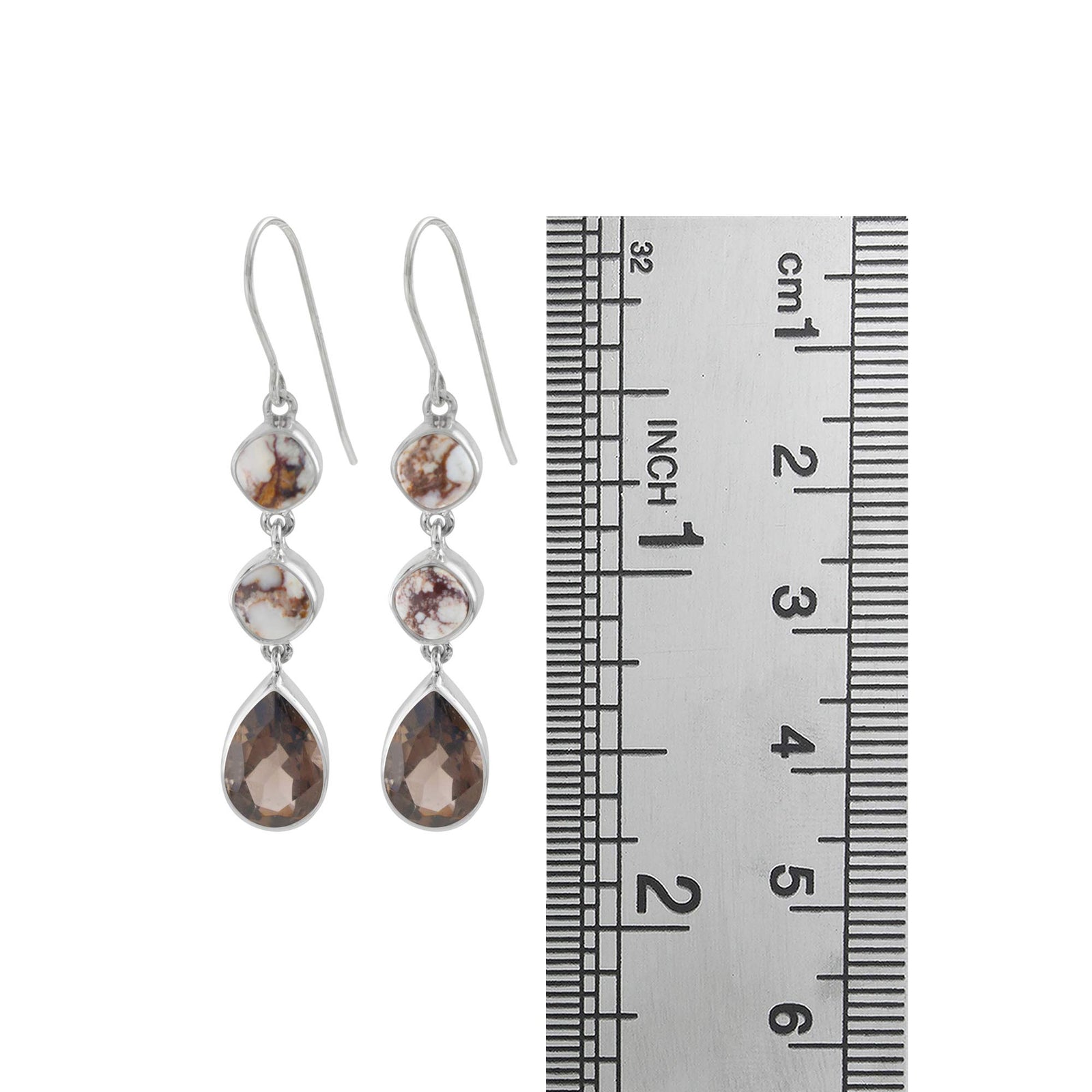 Sterling Silver Earring With Iron Stone Square Cushion, Smokey Pear Cheker