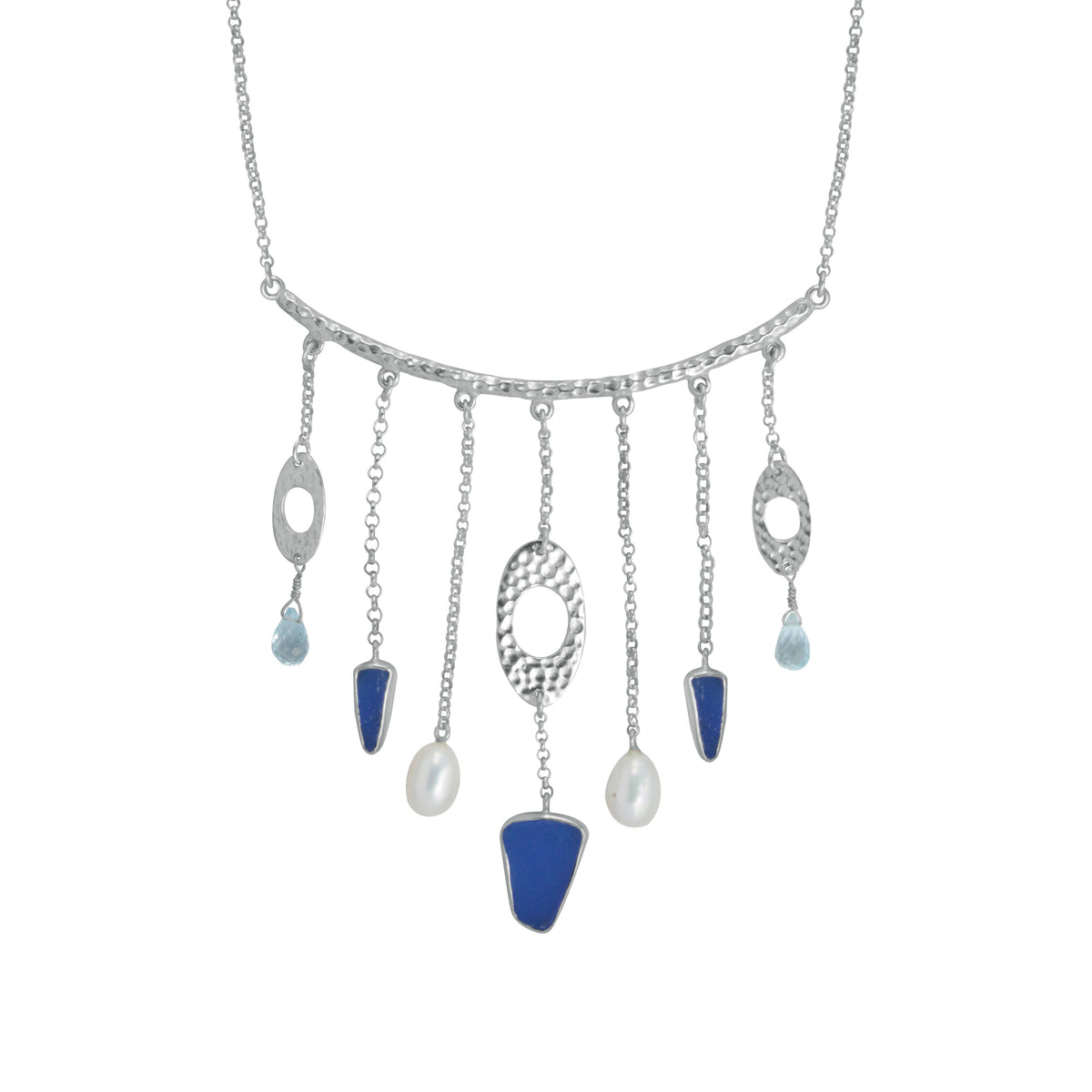 Sterling Silver Necklace With Blue Sea Glass, blue Topaz Brio, Pearl Drop In Chain
