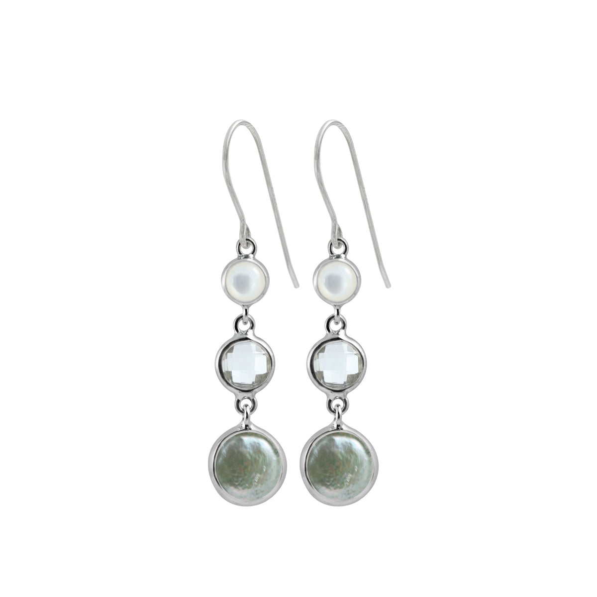 Sterling Silver Earring With Pearl Round, White Topaz Round Facet