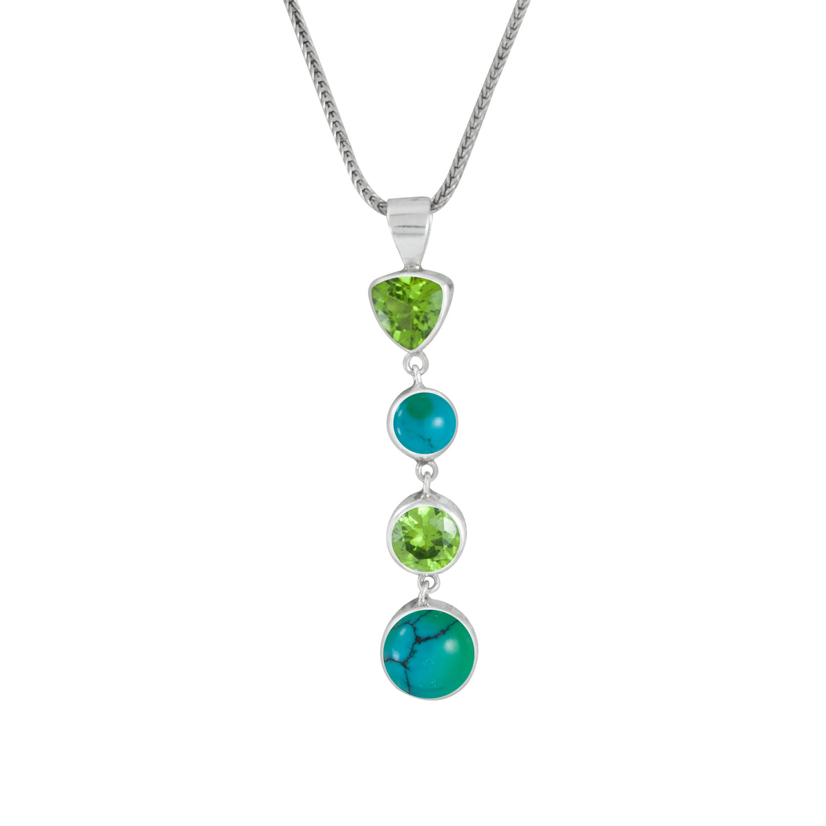 Sterling Silver Pendant With Peridot Triangle And Round Facet, 2 Turquoise Round