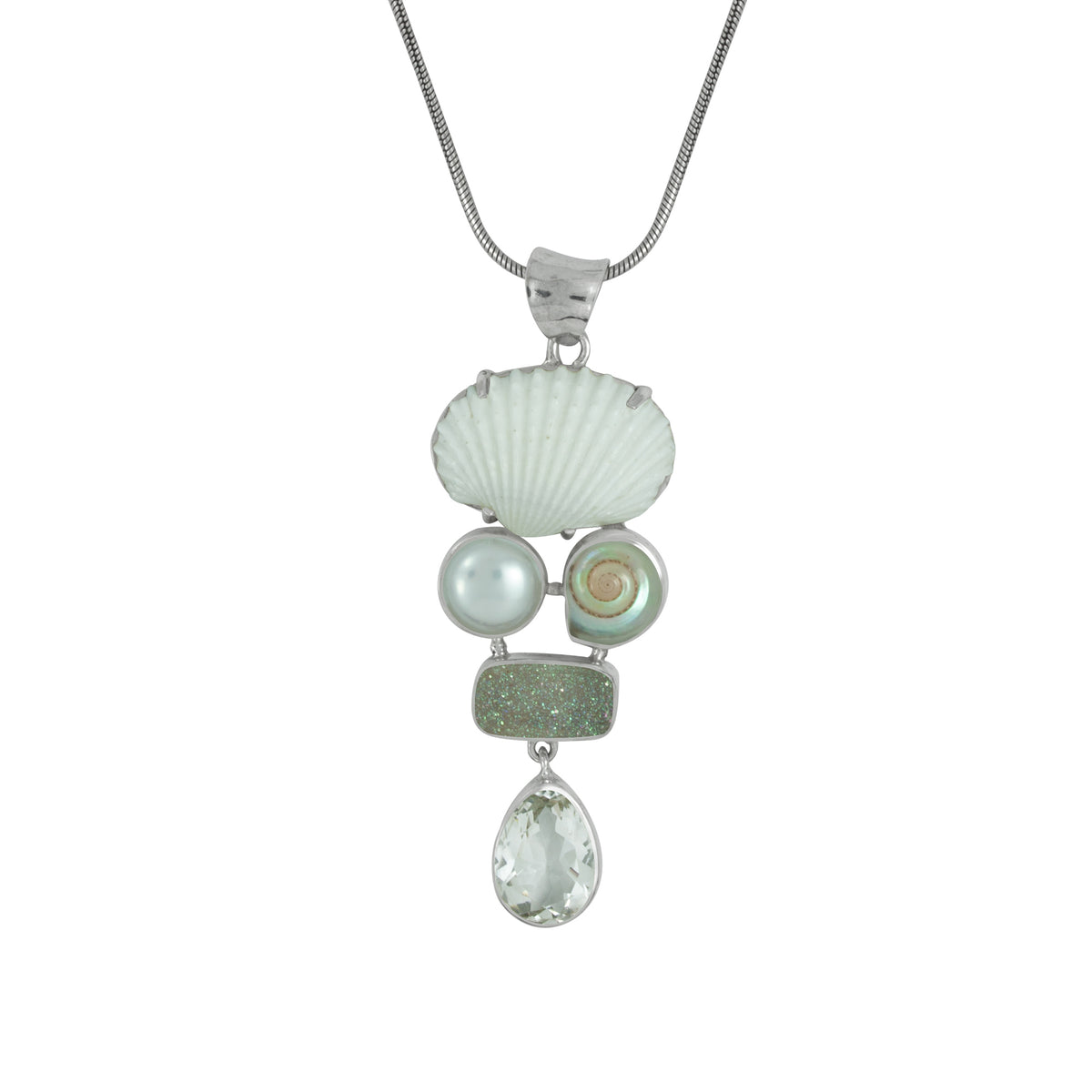 Sterling Silver Pendant With White Ark, Pearl, Druzy Rectangle Cushion And White Topaz