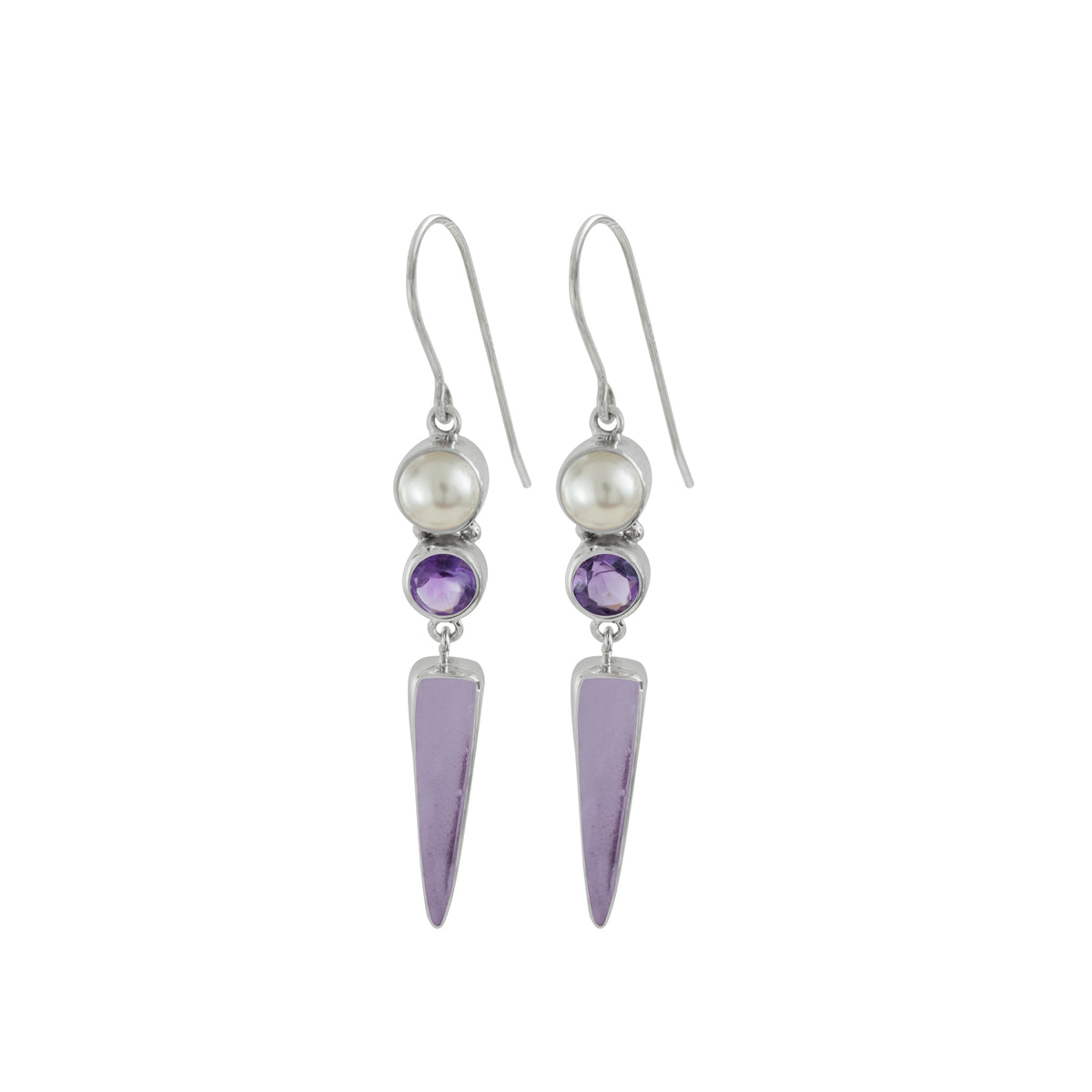 Sterling Silver Earring With Pearl, Amethyst Round, Sea Glass Lavender Drop