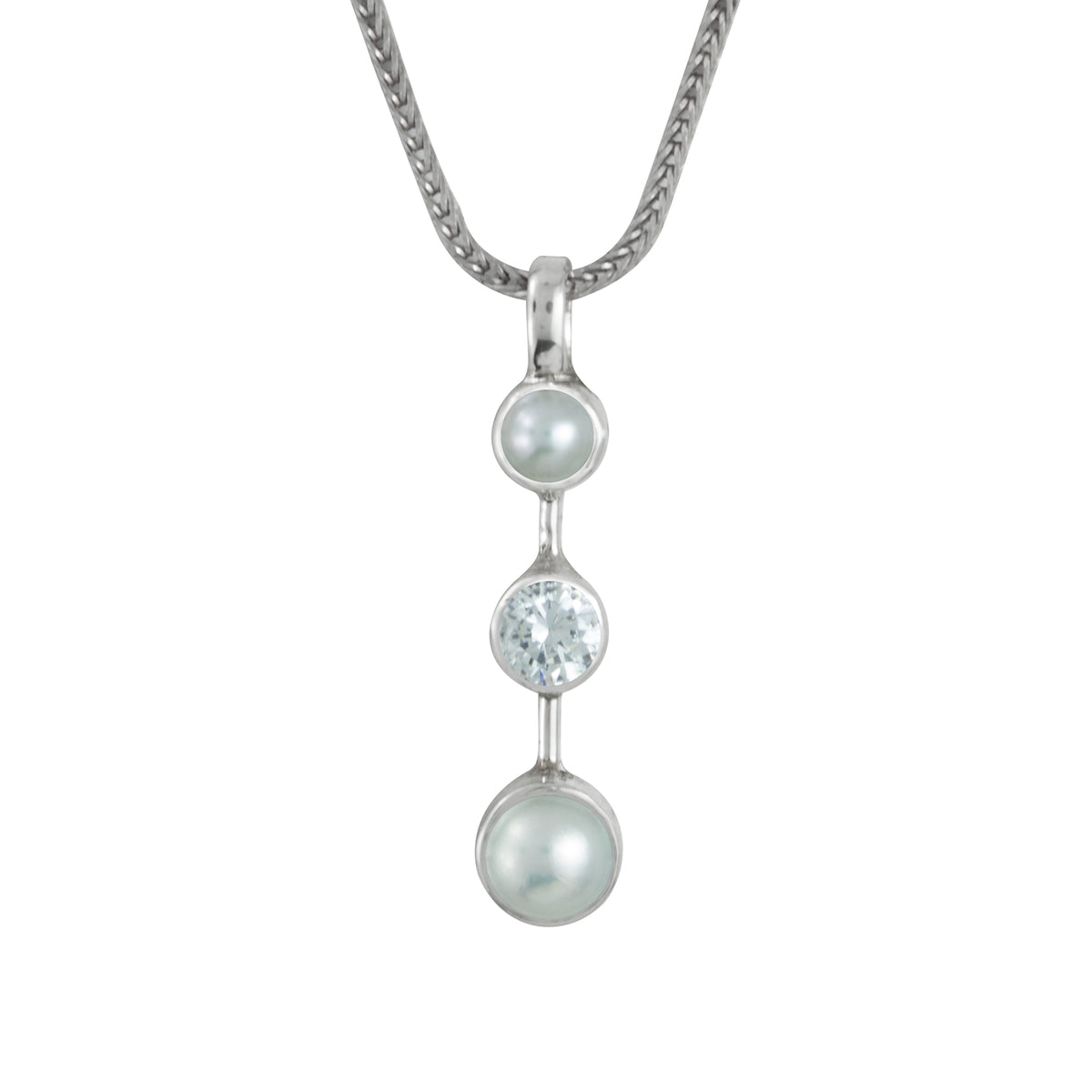 Sterling Silver Pendant With Pearls, White Topaz Round Facet