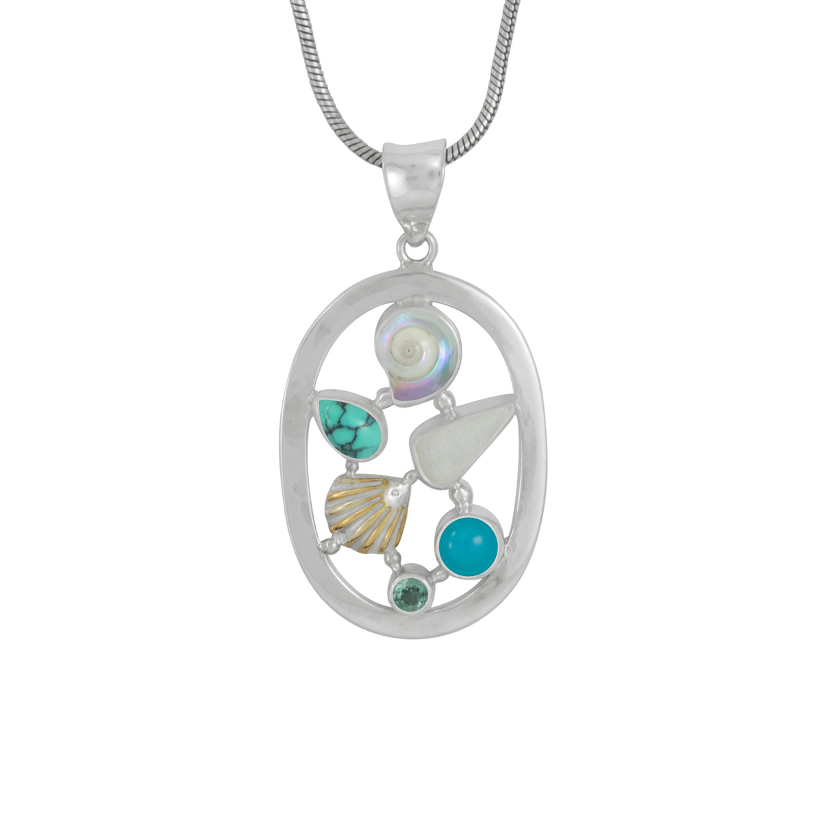 Sterling Silver Pendant With Shall Malabar Turbos, Sea Glass White, Turquoise Round, Green QuartzACET