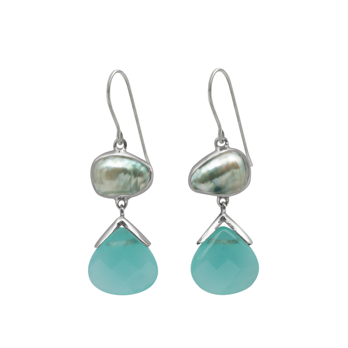 Sterling Silver Earring Hook With Pearl Teal Keishi, Chalcidiny Tear Drop