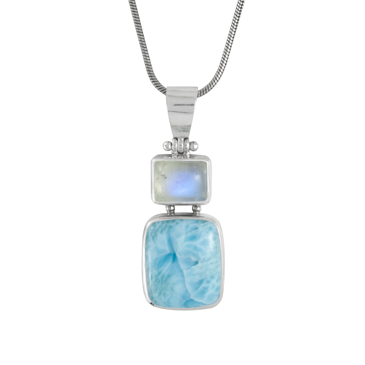 Silver Pendant With Rainbowmoon Stone And Larimar