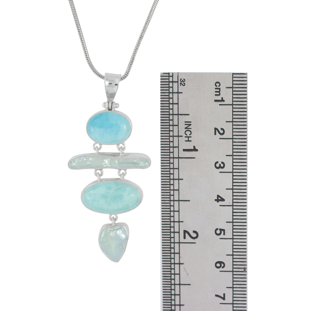 Sterling Silver Pendant With Larimar Oval &amp; Pearl