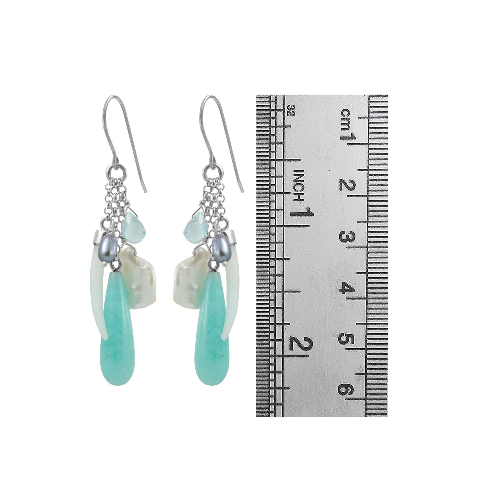 Sterling Silver Earring With Amozonite Drop, Pearl, White Tusk Shell Hanging On Chain