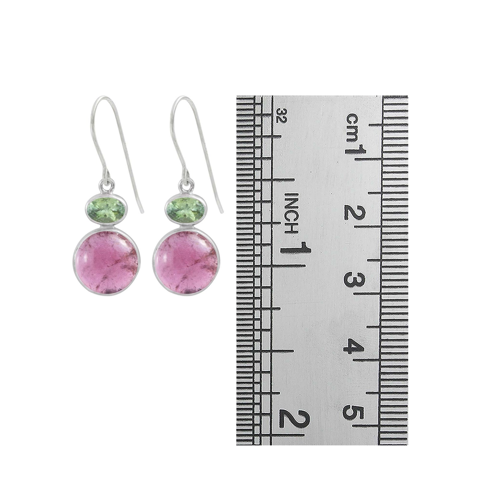 Sterling Silver Earring With Green & Pink Tourmaline Cab