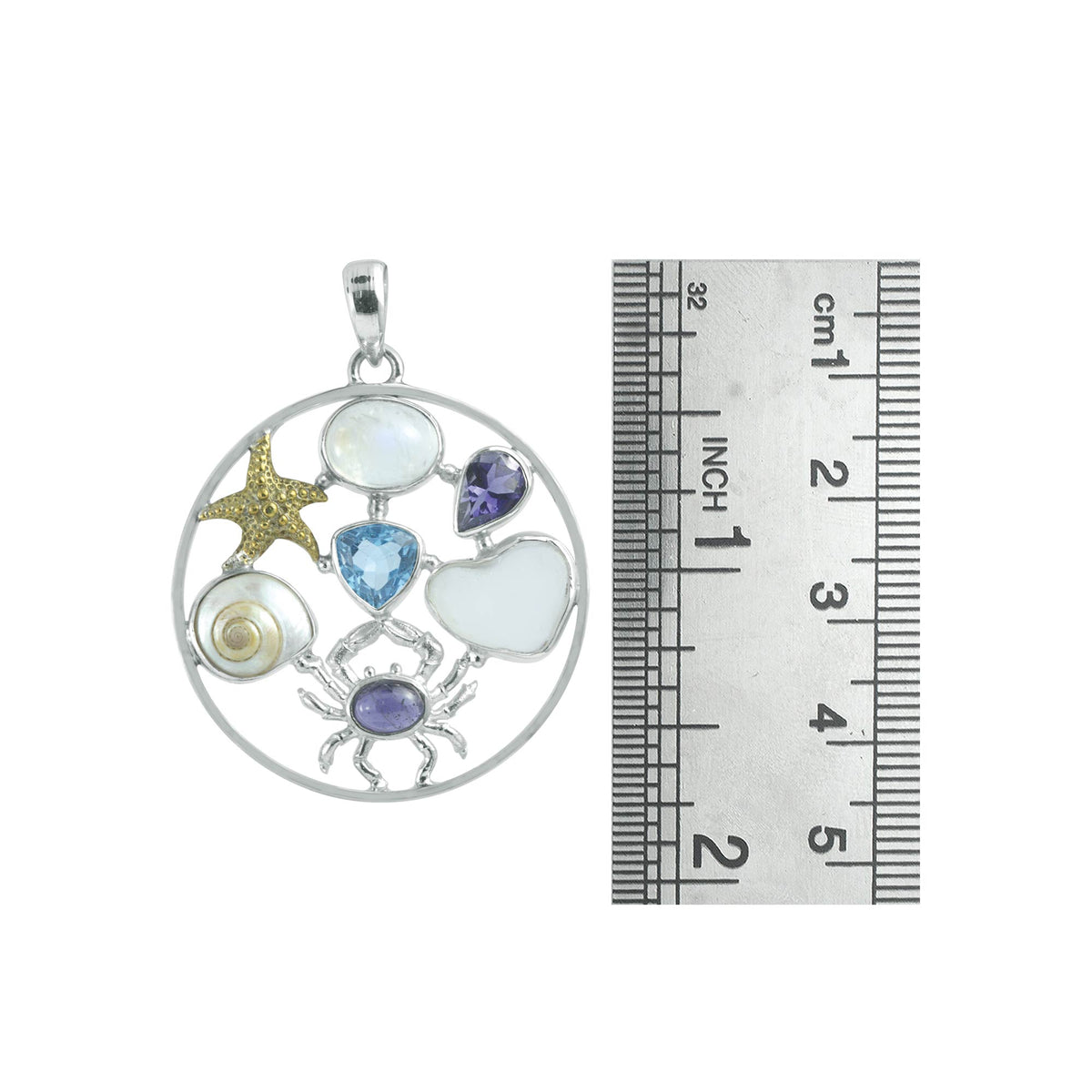 Sterling Silver Pendant With Rainbowmoon, Iolite, Blue Topaz, Shell Malabar Turbos, Sea Glass