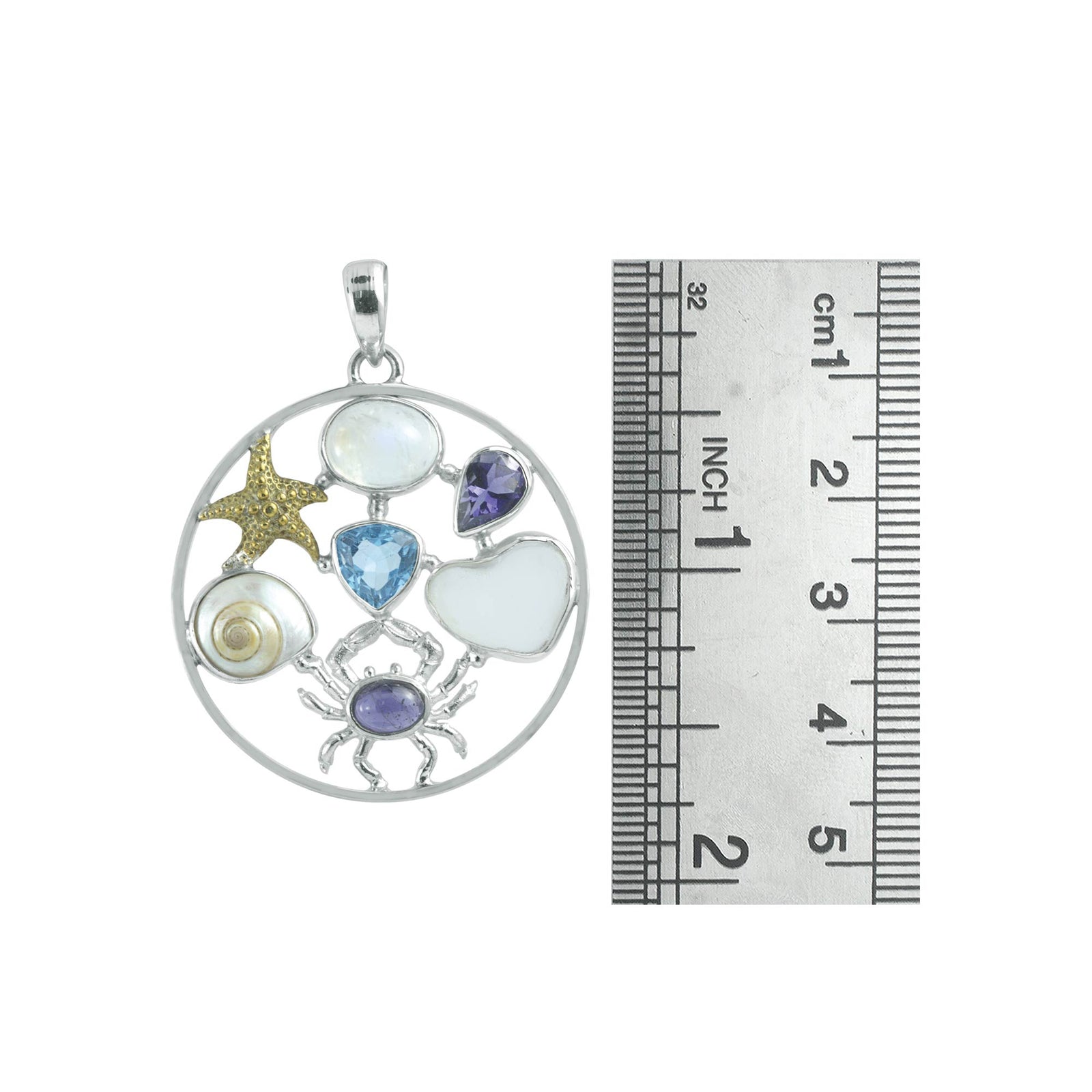 Sterling Silver Pendant With Rainbowmoon, Iolite, Blue Topaz, Shell Malabar Turbos, Sea Glass