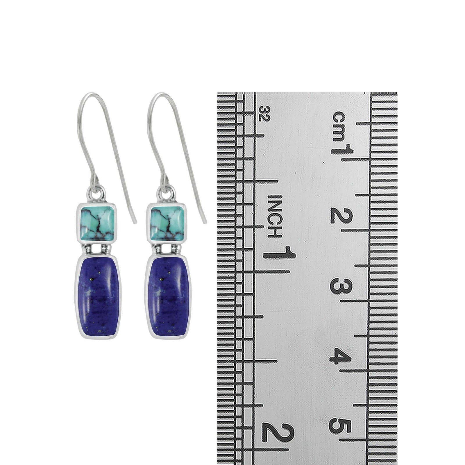 Sterling Silver Earring With Turquoise & Lapis Rectangle Cushion