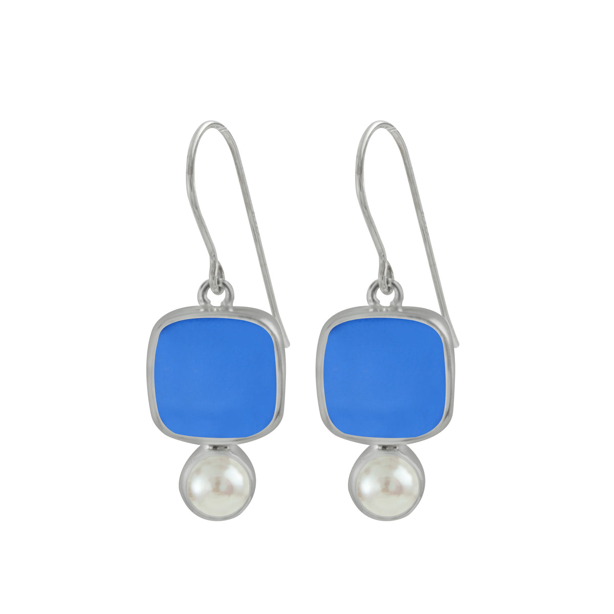 Sterling Silver Earring With Sea Glass Blue , Pearl