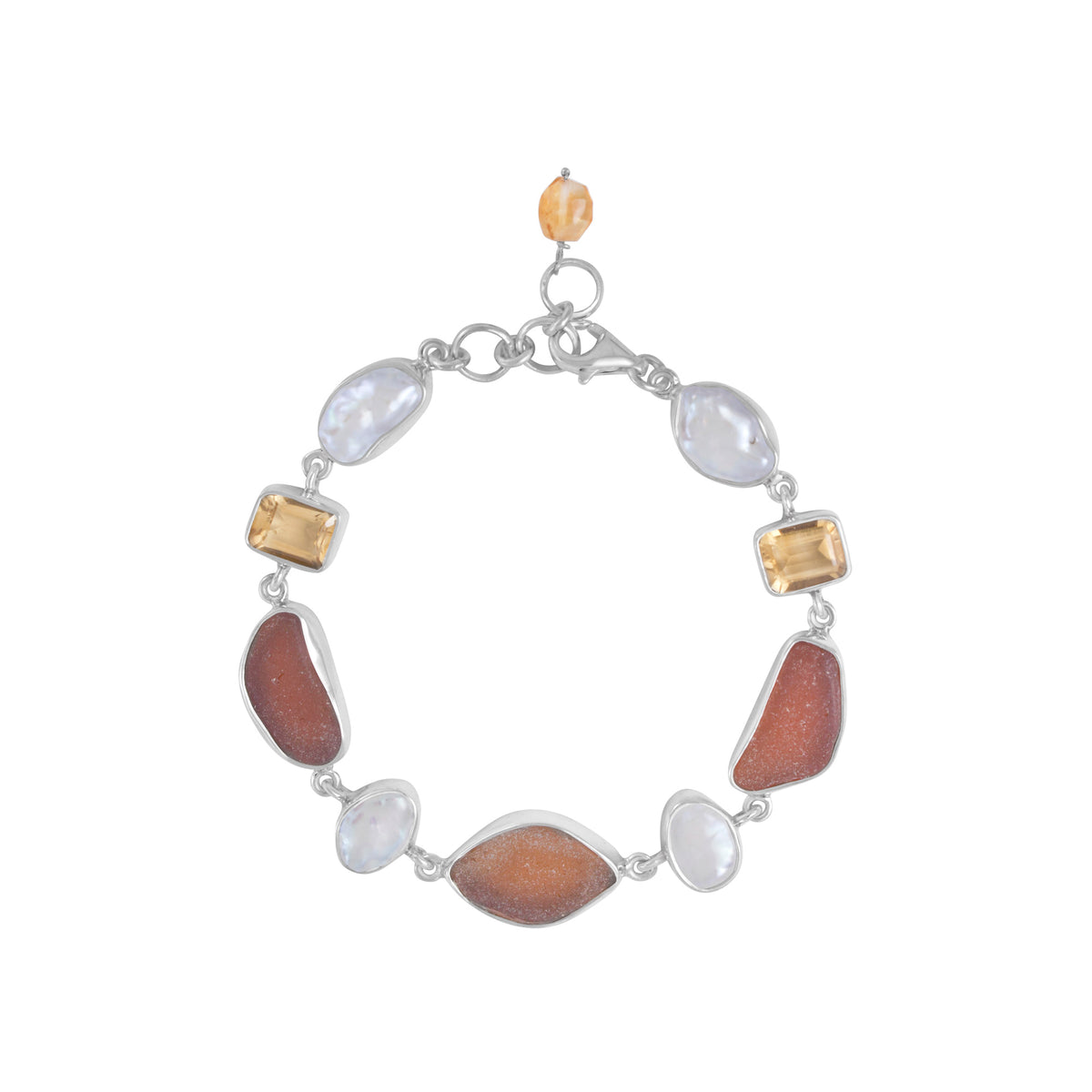 Sterling Silver Bracelet With Sea Glass Brown, Citrine Rectanglge Facet, Pearl