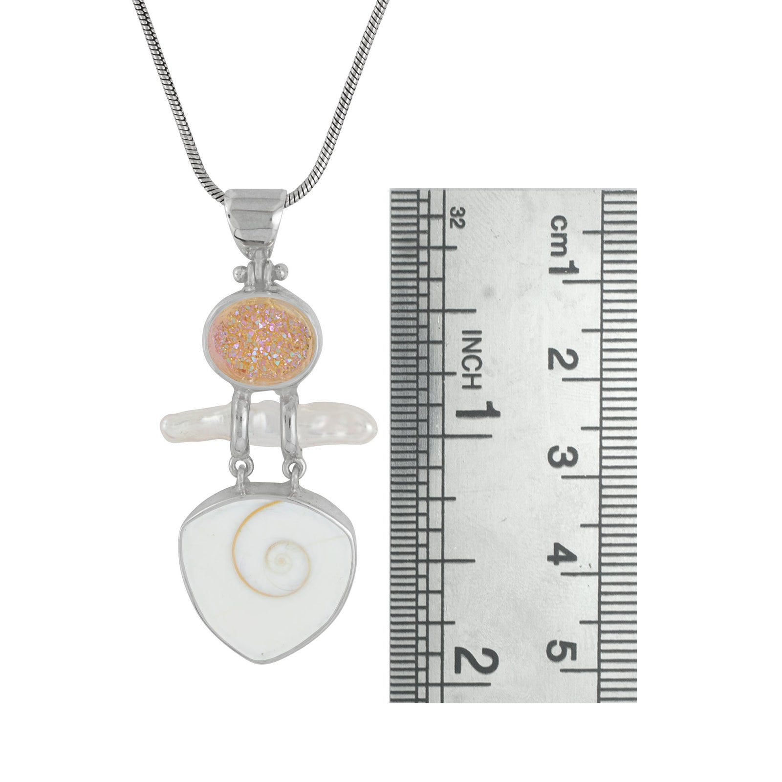 Sterling Silver Pendant With Druzy Bronze Oval, Pearl, Shell Spiral Tri