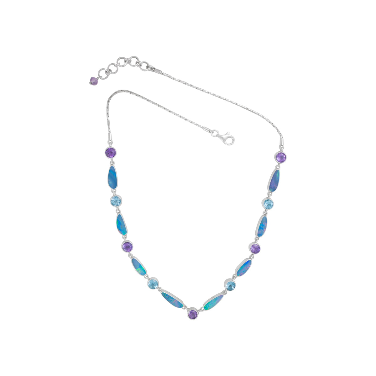 Sterling Silver Necklace With Free Form Opal, Round Facet Stone On Chain