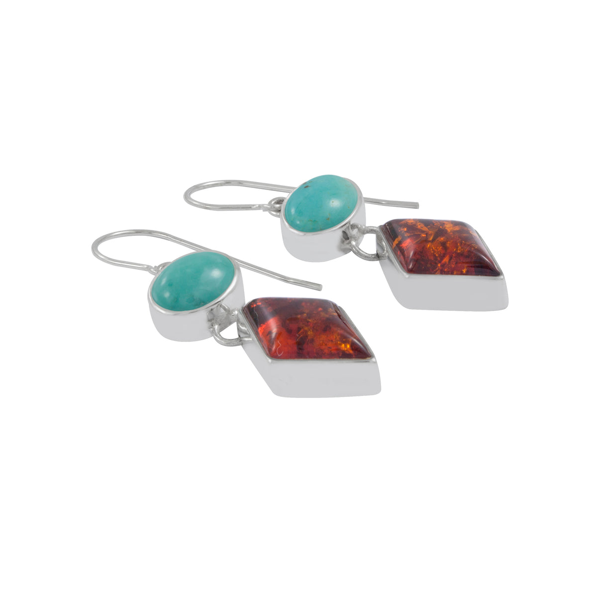 Sterling Silver Earring With Turquoise Oval And Amber Diamond Drop