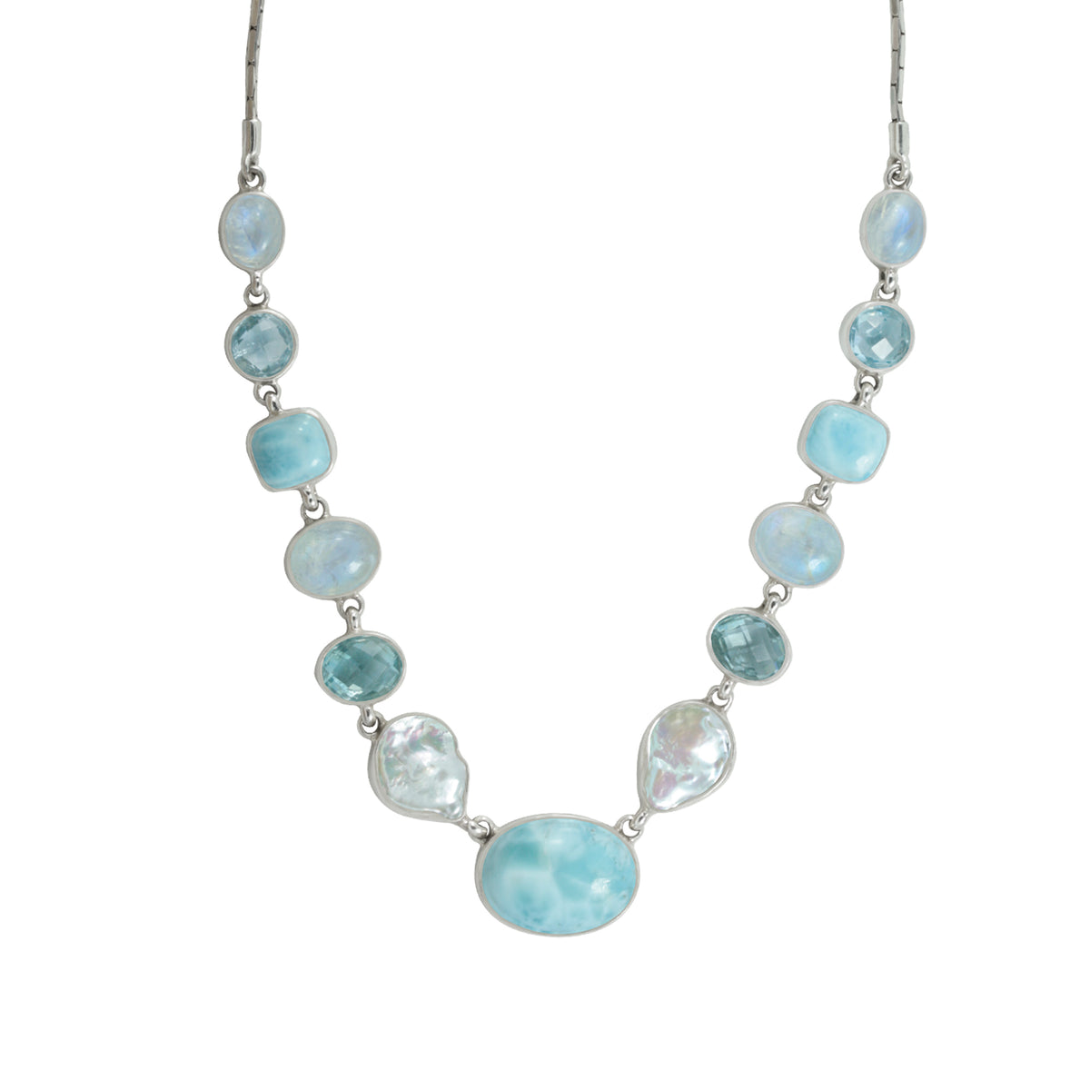 Sterling Silver Necklace With Pearl, Blue Topaz Round, Rainbow Moon Oval Cabison