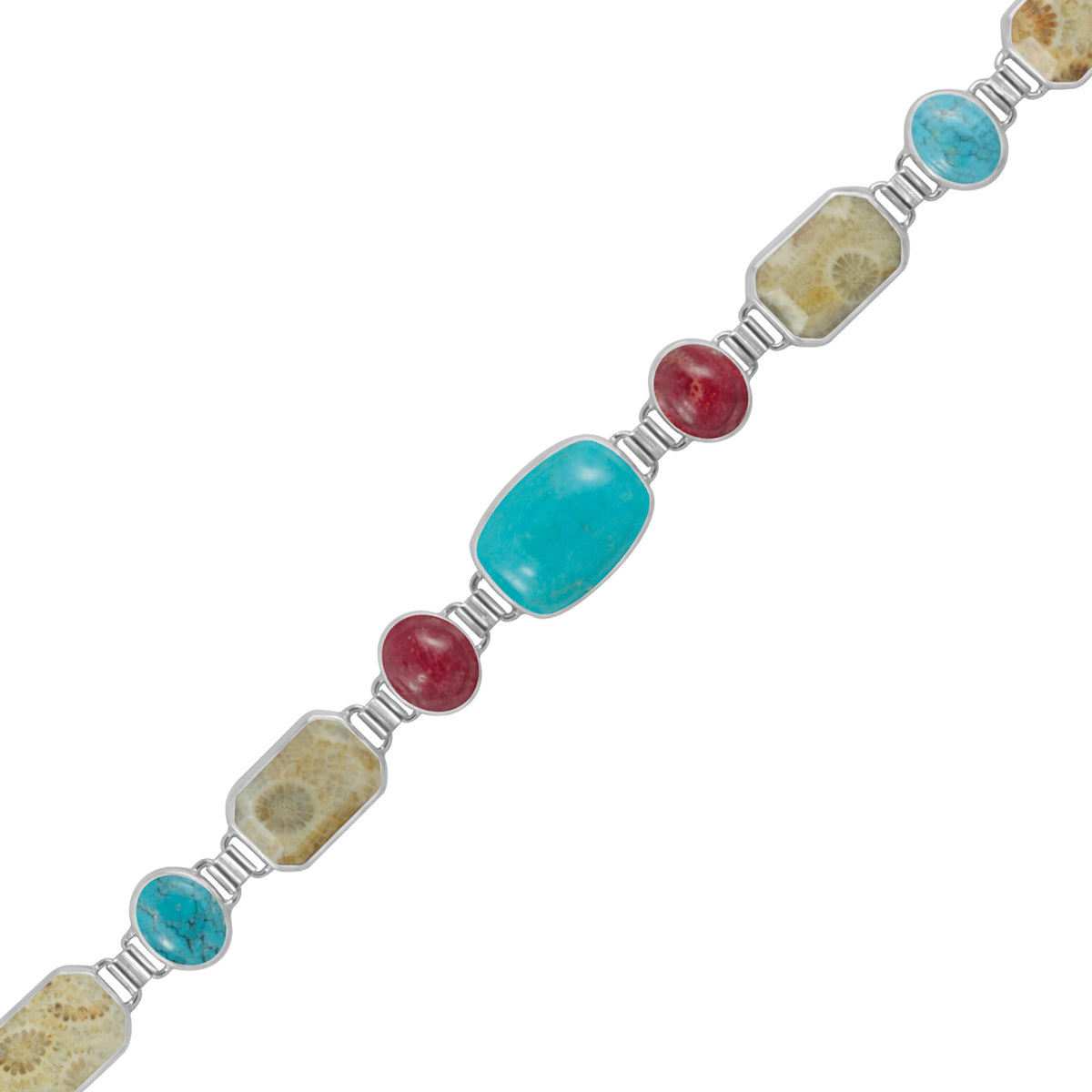 Sterling Silver Bracelet With Sponge Coral, Fossil Cpral, Turquoise Oval Accents