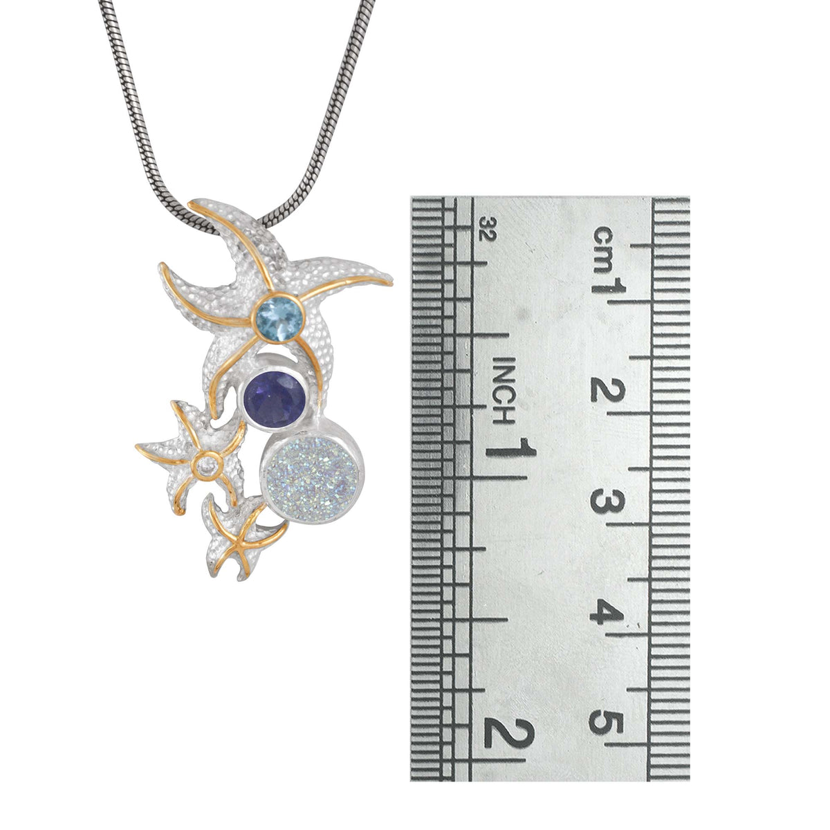 Sterling Silver Pendant Star Fish Component With Blue Topaz, Iolite Round Facet, Druzy Opal Round