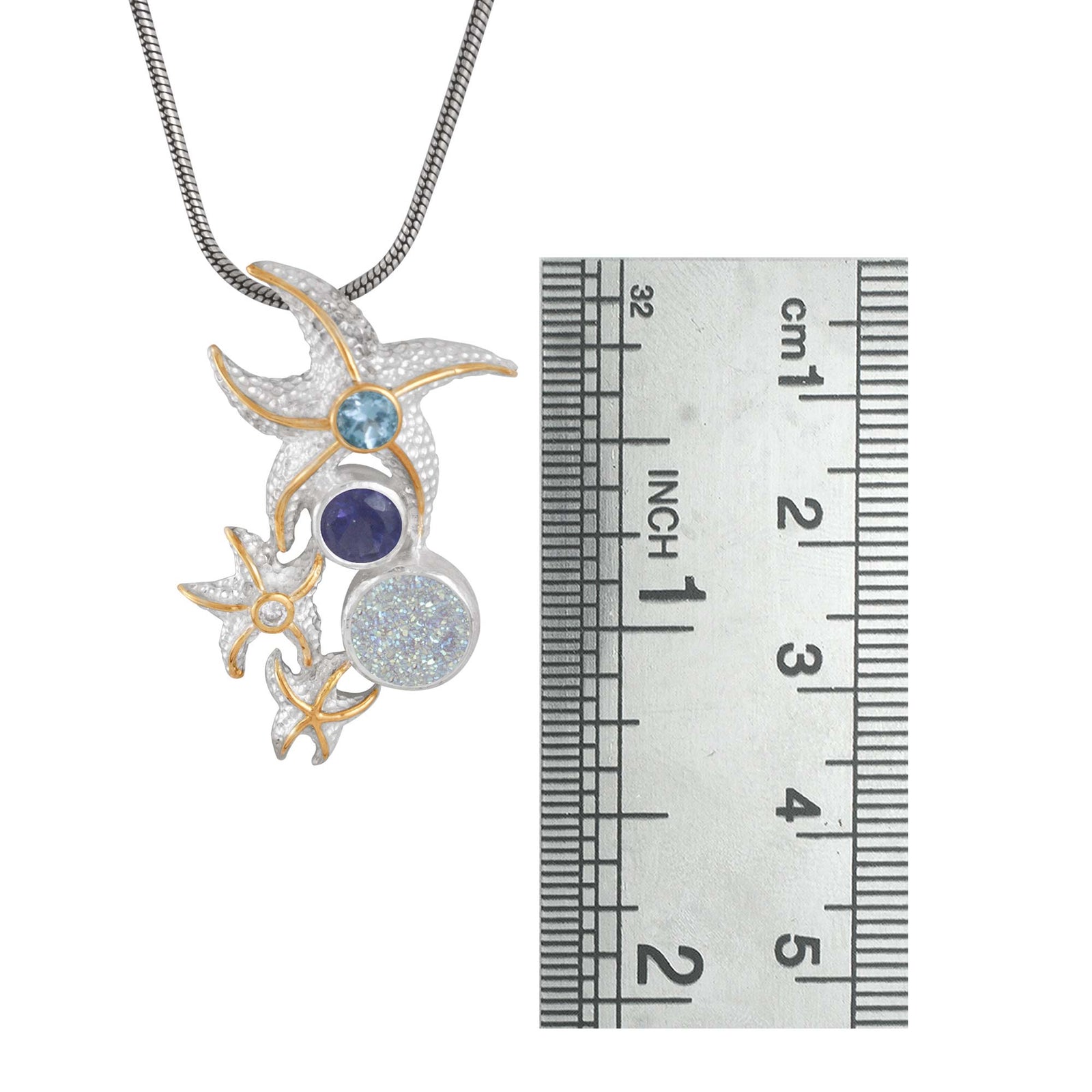 Sterling Silver Pendant Star Fish Component With Blue Topaz, Iolite Round Facet, Druzy Opal Round