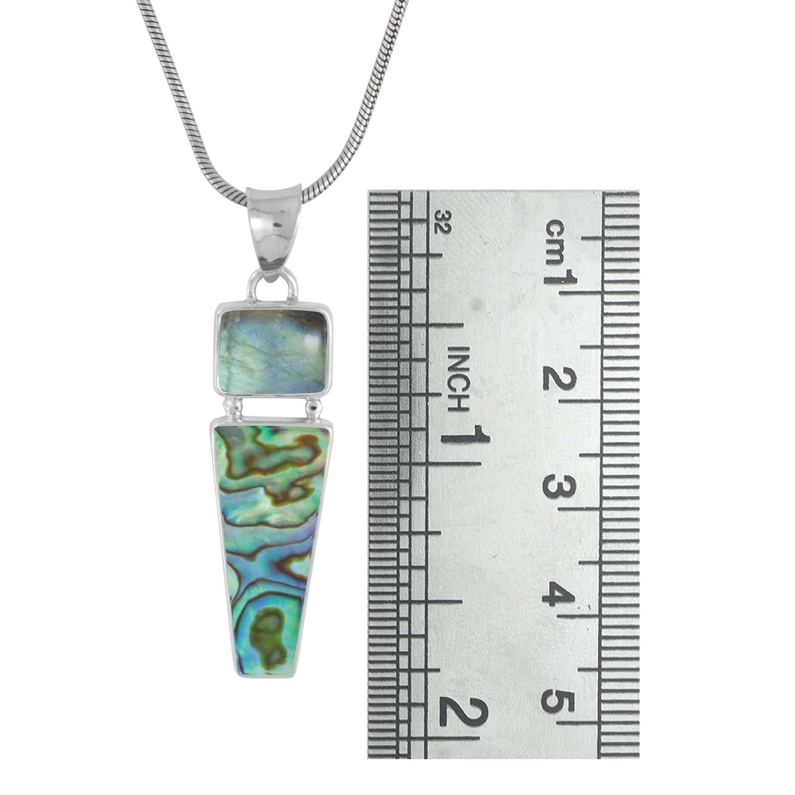 Sterling Silver Pendant With Labradorite Rectangle, Paua Rectangle Drop