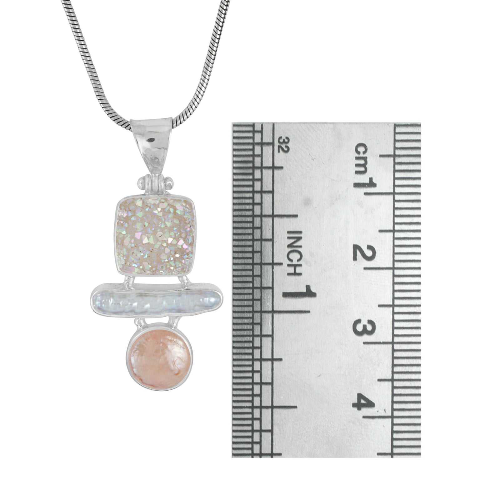 Sterling Silver Pendant With Druzy Opal Square, Pearl Stick & Peach Coin