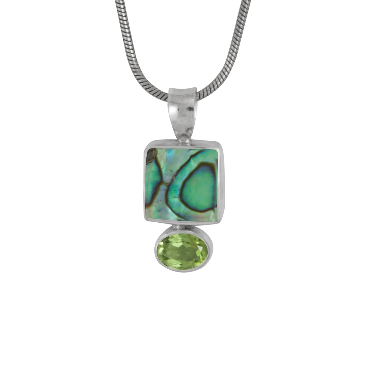 Sterling Silver Pendant With Paua Square, Peridot Oval Facet