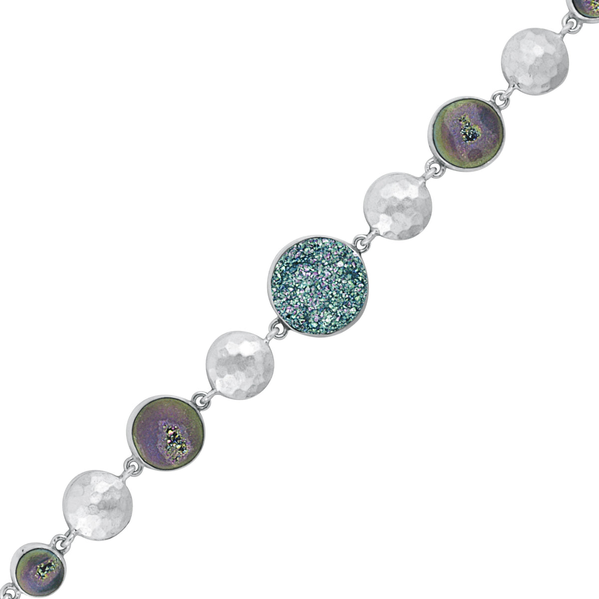 Sterling Silver Bracelet With Druzy Round, Hammered Round Coponent