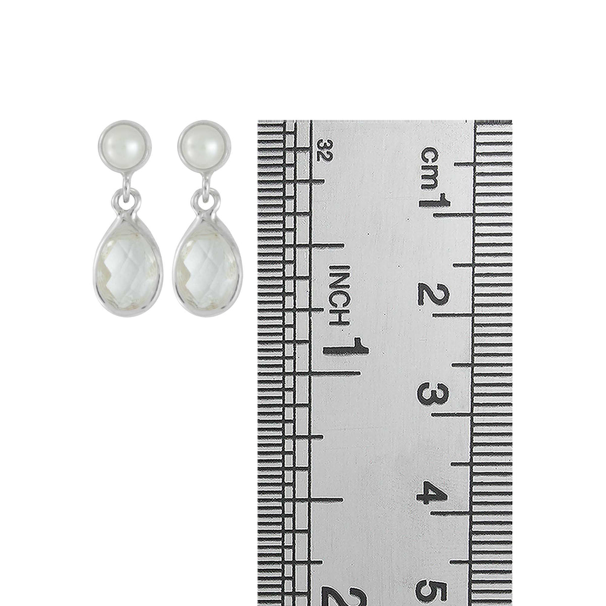 Sterling Silver Earring With Round Pearl, White Topas Pear Drop