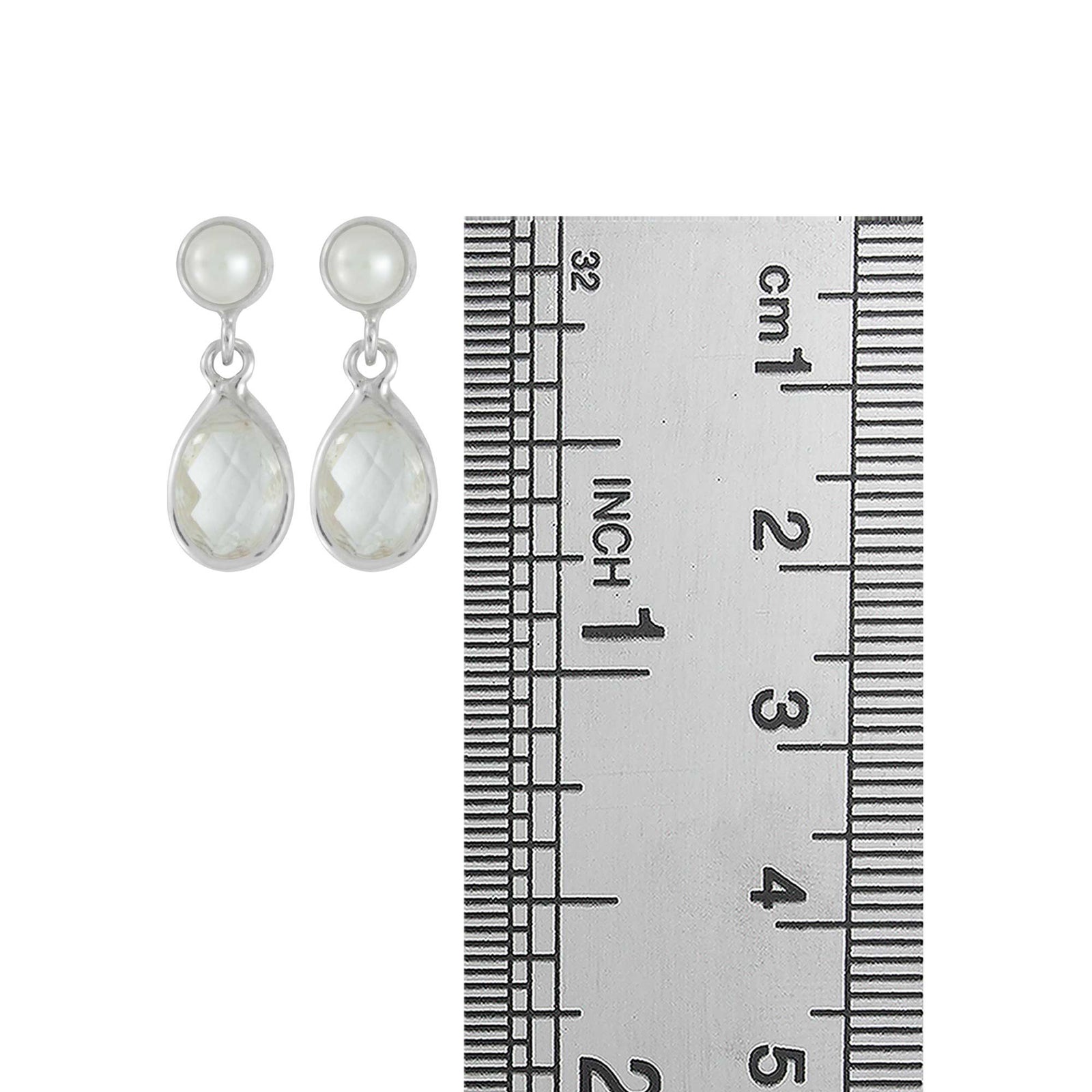 Sterling Silver Earring With Round Pearl, White Topas Pear Drop