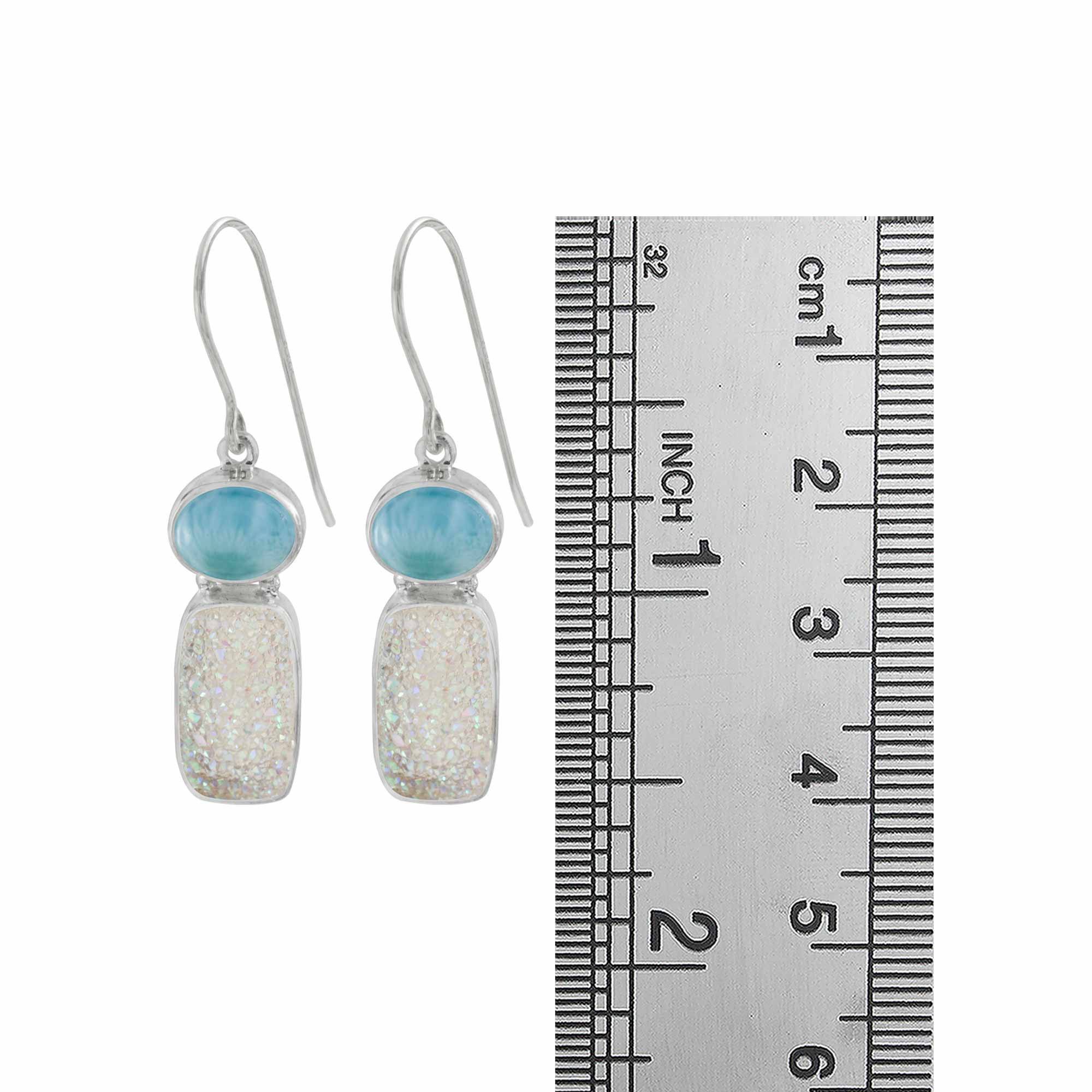 Sterling Silver Earring With Larimar Oval, Druzy Opal Rectangle Cushion