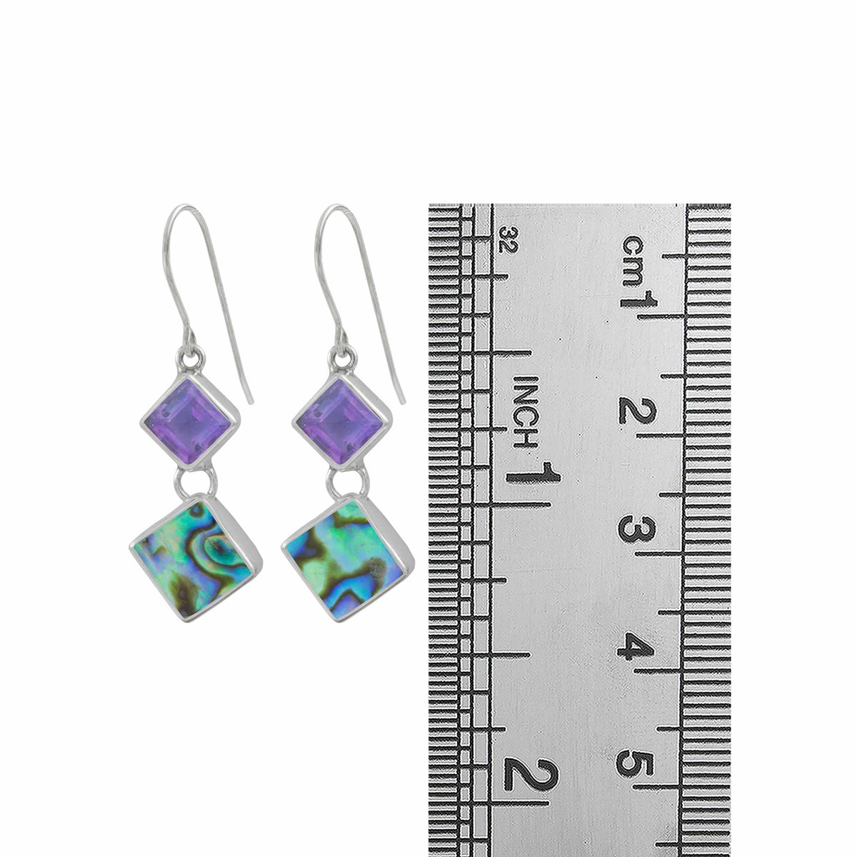 Sterling Silver Earring Hook With Amethyst , Paua Square