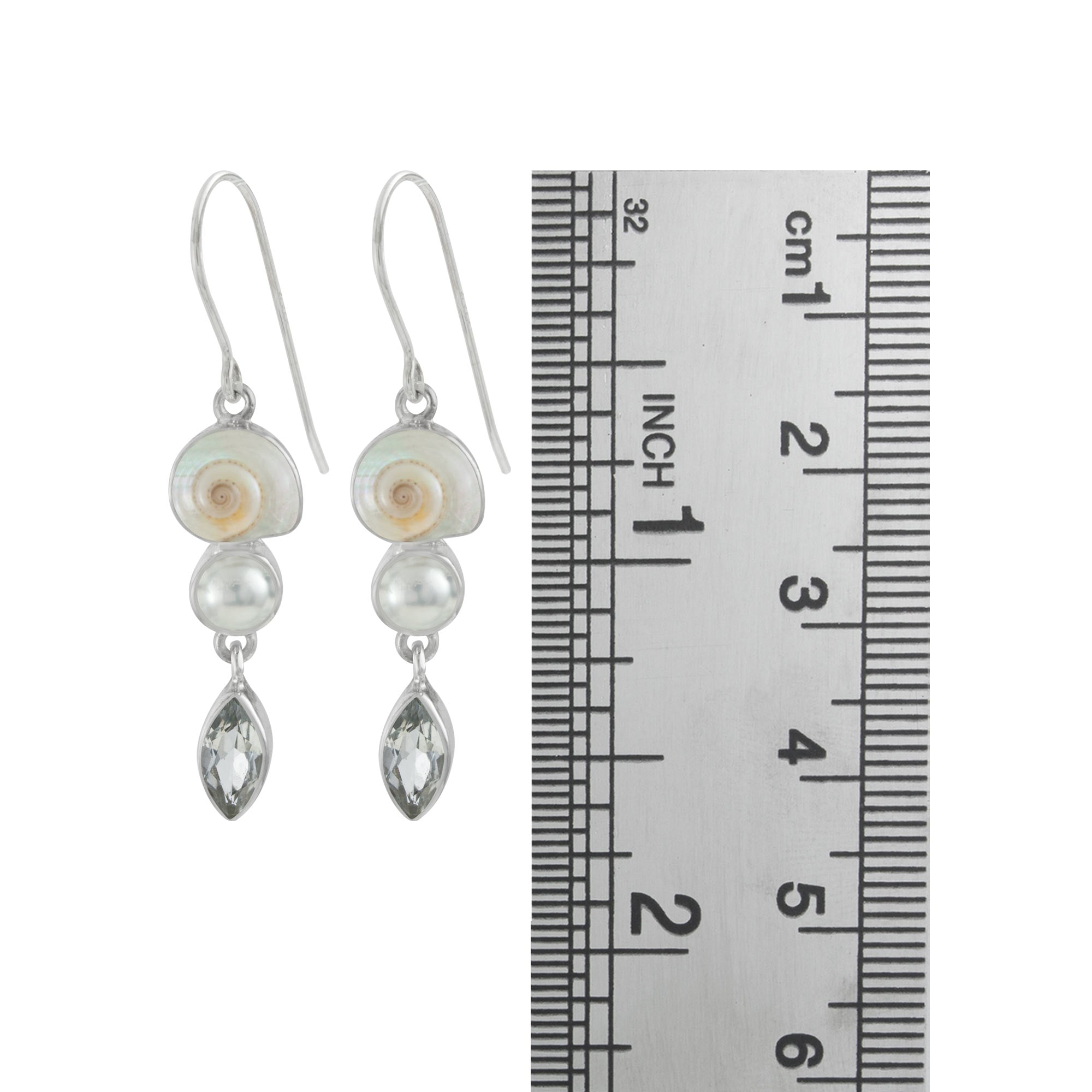 Sterling Silver Earring With Shell Malabar Turbos, Pearl, White Cubic Marquise Facet