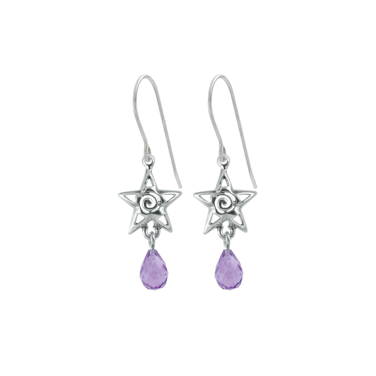 Sterling Silver Earring Star Component With Amethyst Briolet Drop