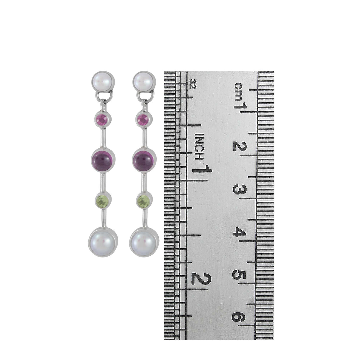 Sterling Silver Earring With Multi Color Round Stone Stick Drop