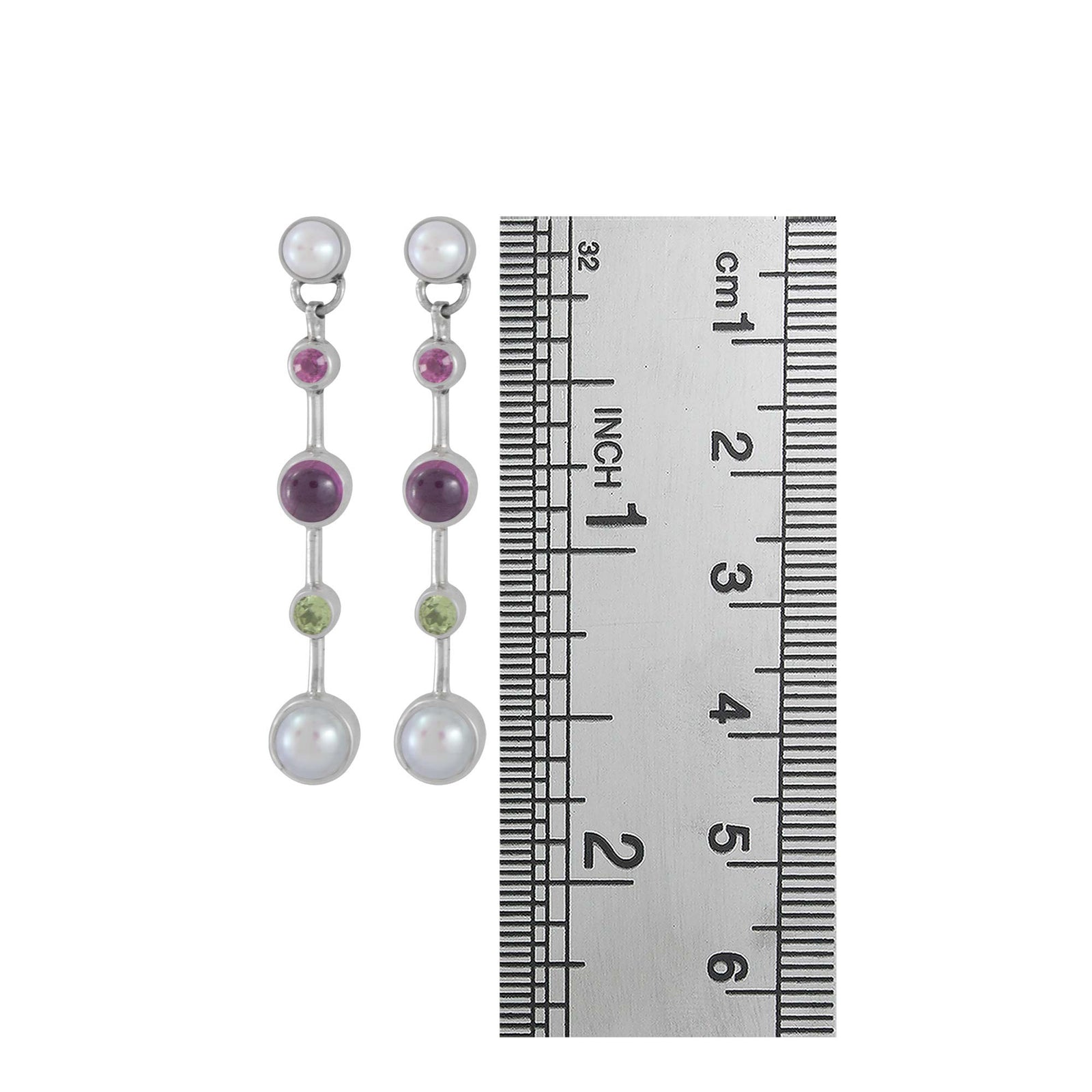 Sterling Silver Earring With Multi Color Round Stone Stick Drop