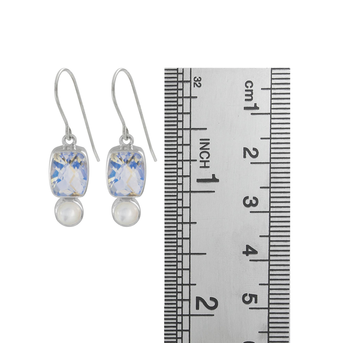 Sterling Silver Earring With Rainbowmoon Stone Quarzt Rectangle, Mother Of Pearl Round