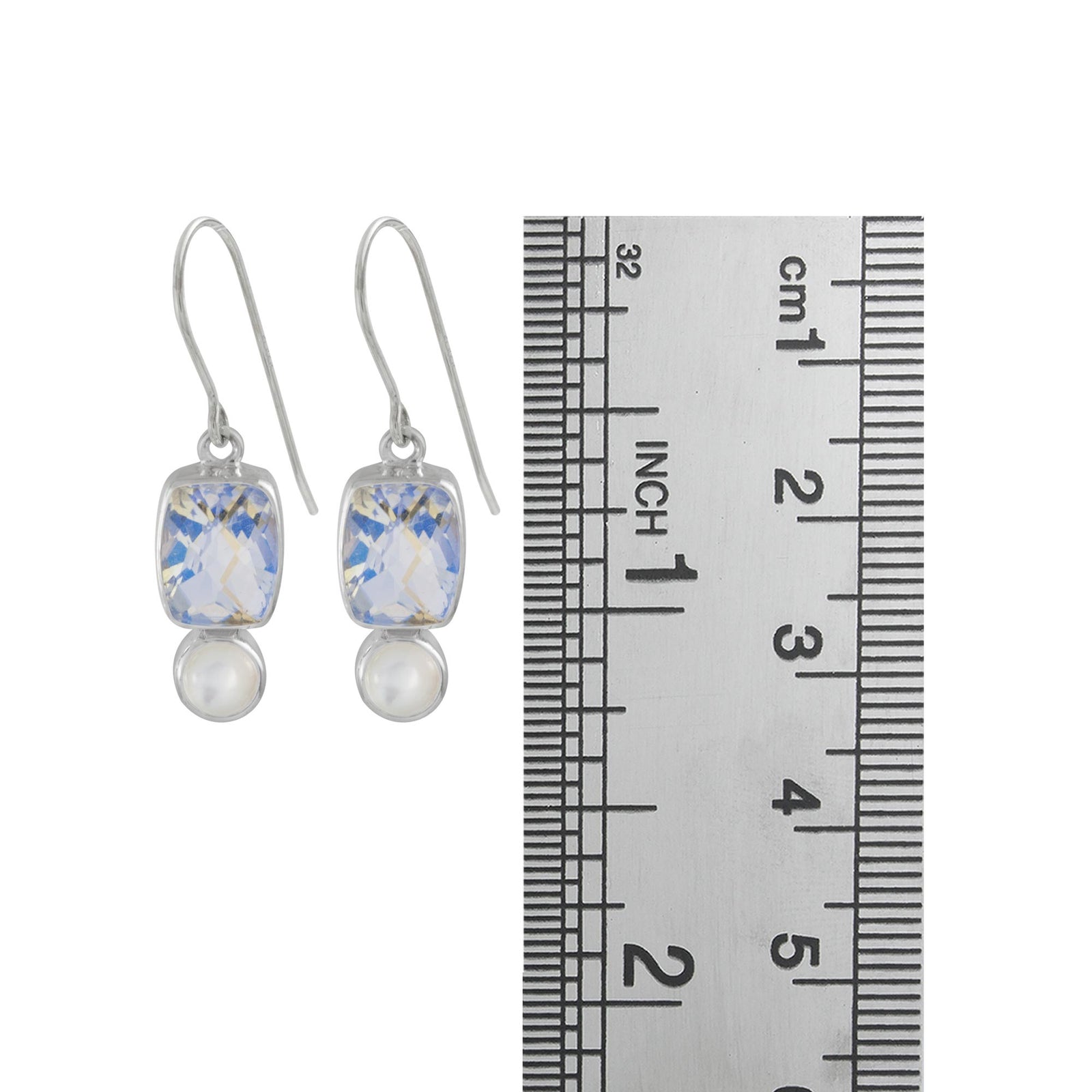 Sterling Silver Earring With Rainbowmoon Stone Quarzt Rectangle, Mother Of Pearl Round