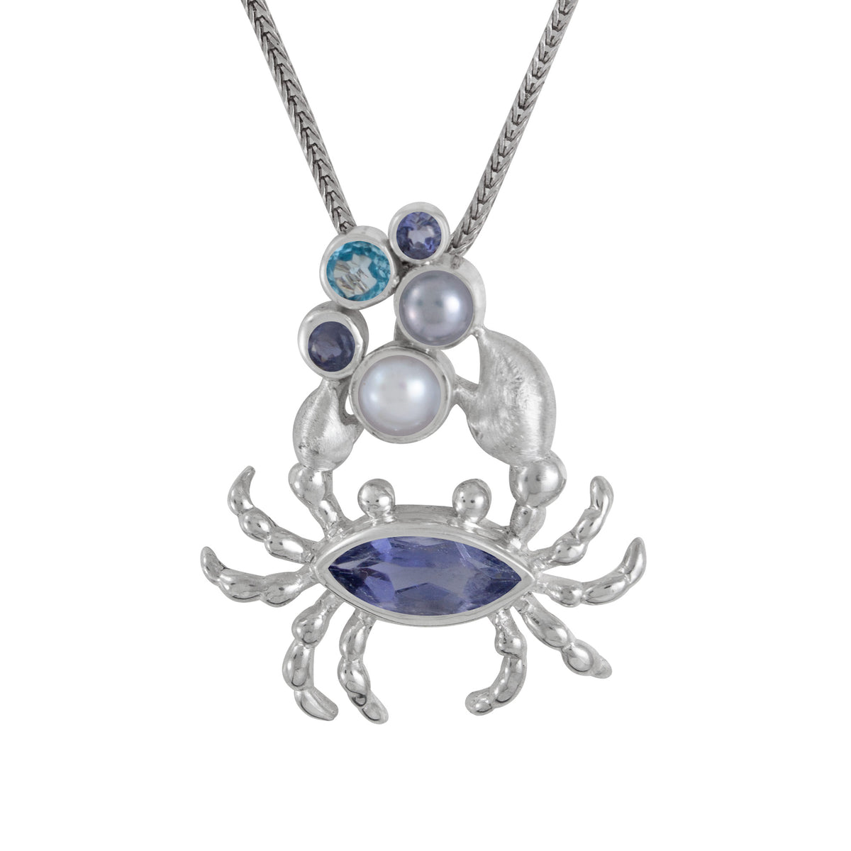 Blue Crab Pendant with Gemstone Bubbles